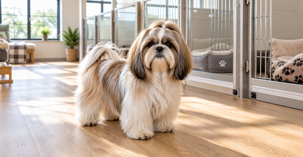 Shih Tzu in a bright, professional dog kennel facility in Belfast with natural lighting