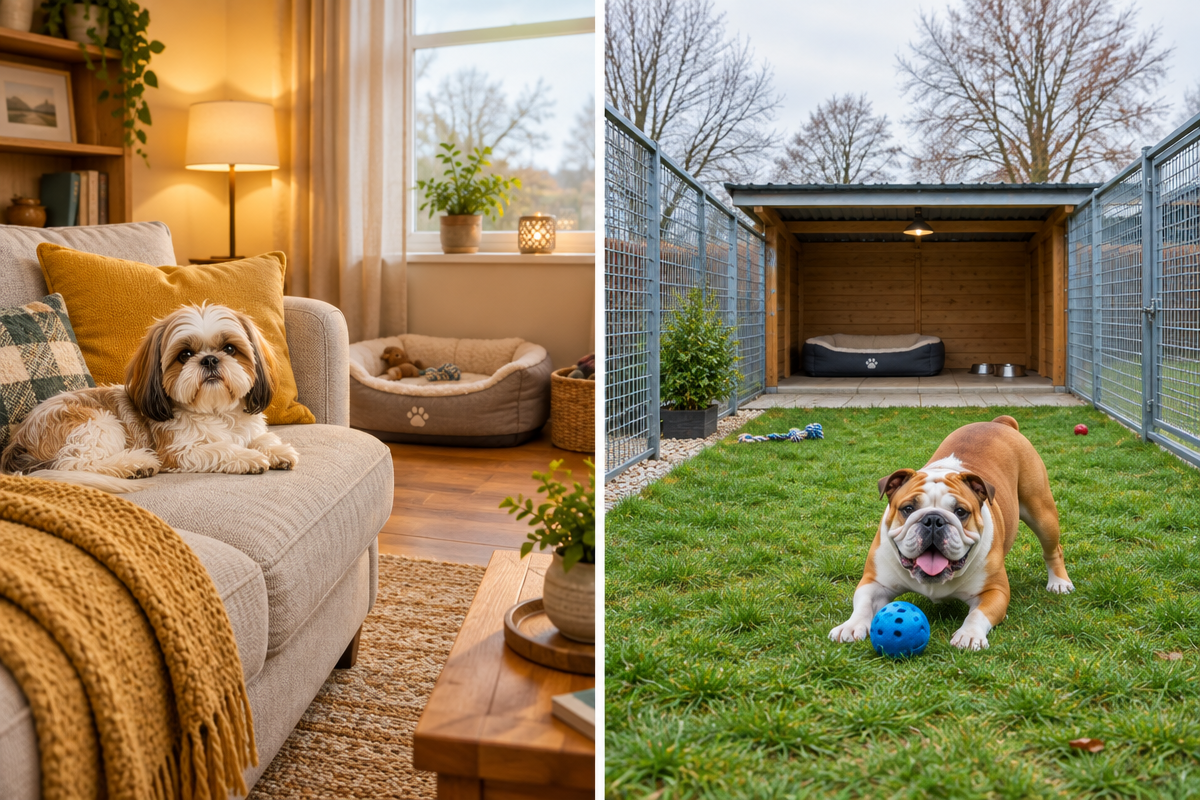 Illustration comparing home boarding and traditional kennels for dogs in Northern Ireland