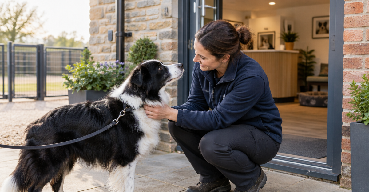 Border Collie greeting a dog boarding professional at Manchester kennels entrance