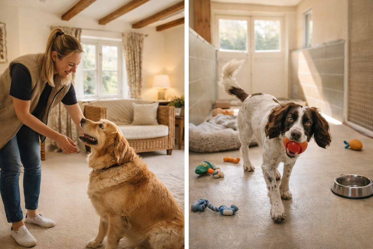 Dog sitter vs boarding kennel comparison showing pet care options for UK dogs