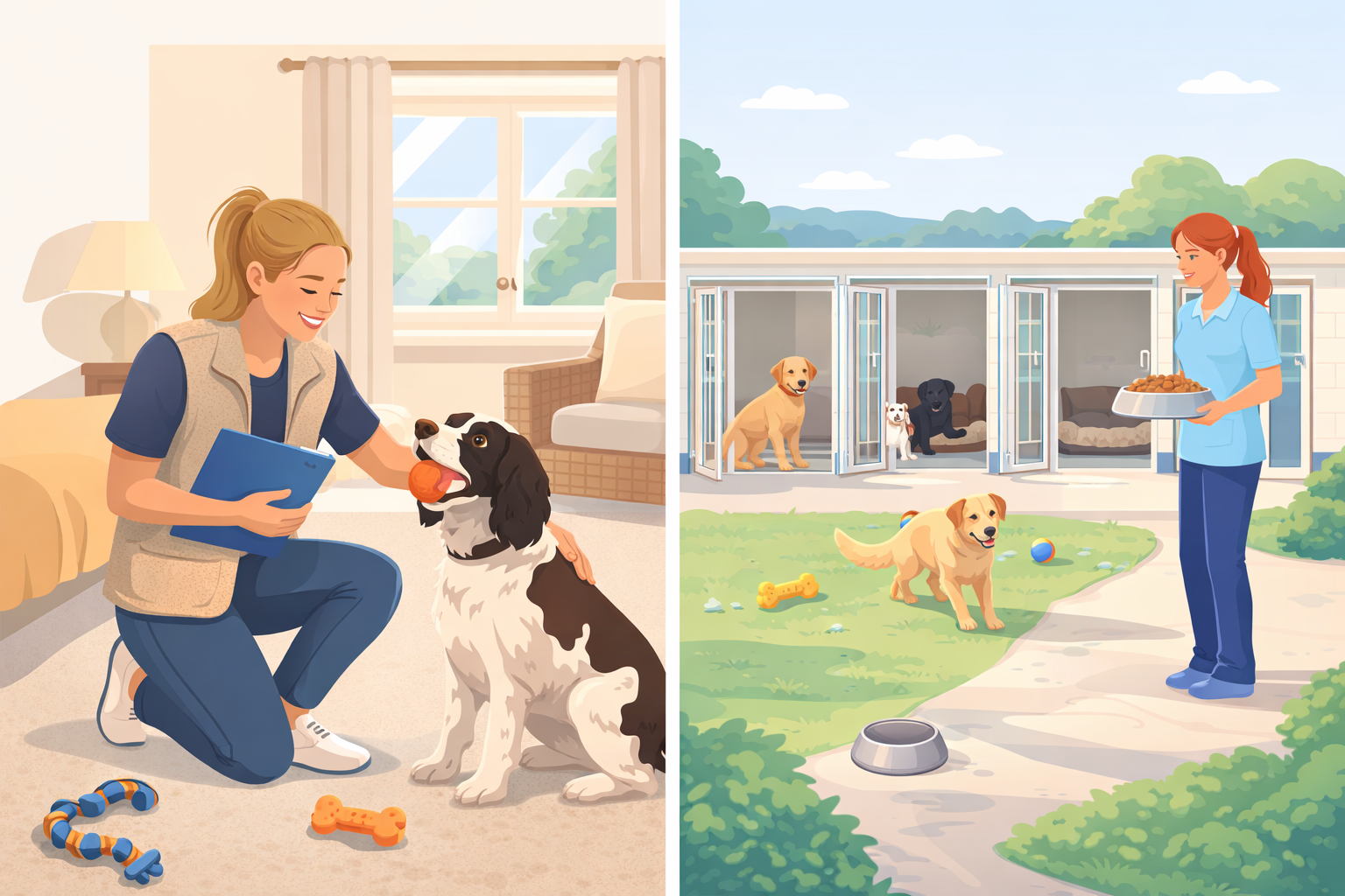 Side-by-side comparison of dog sitter versus boarding kennel care services