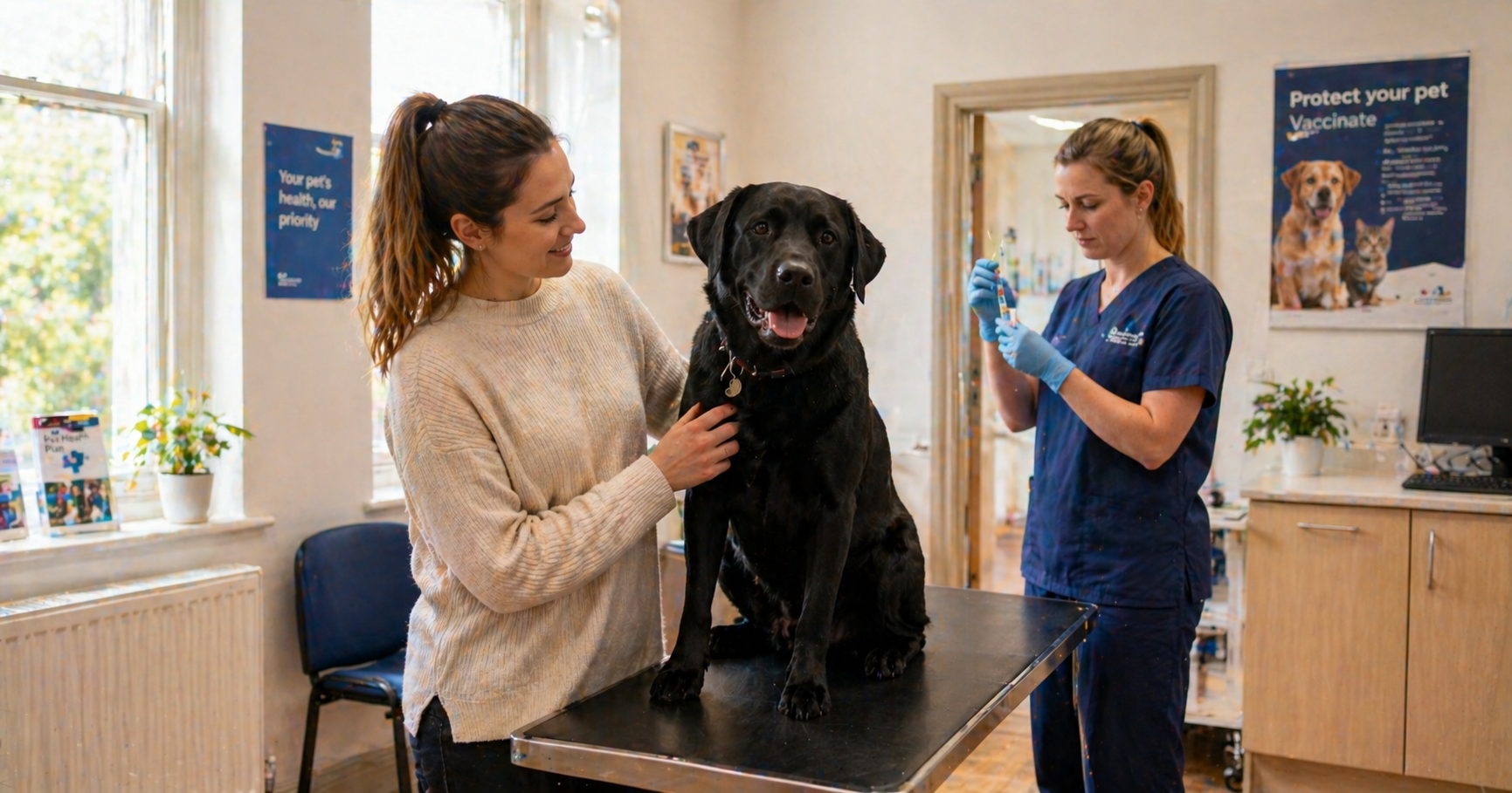 Black Labrador receiving vaccination at UK vet clinic with owner present