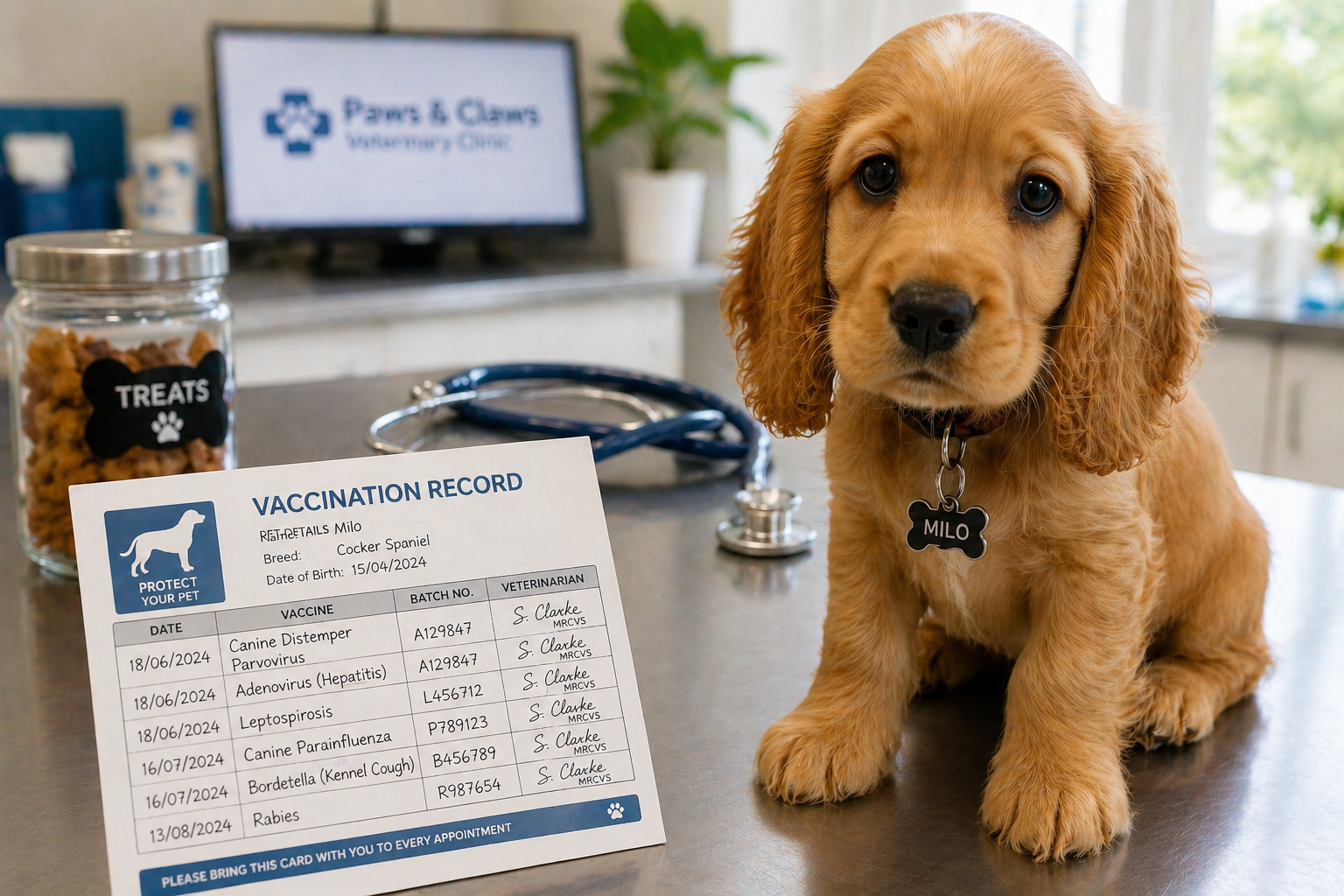 Puppy vaccination record card next to a small puppy on a vet examination table