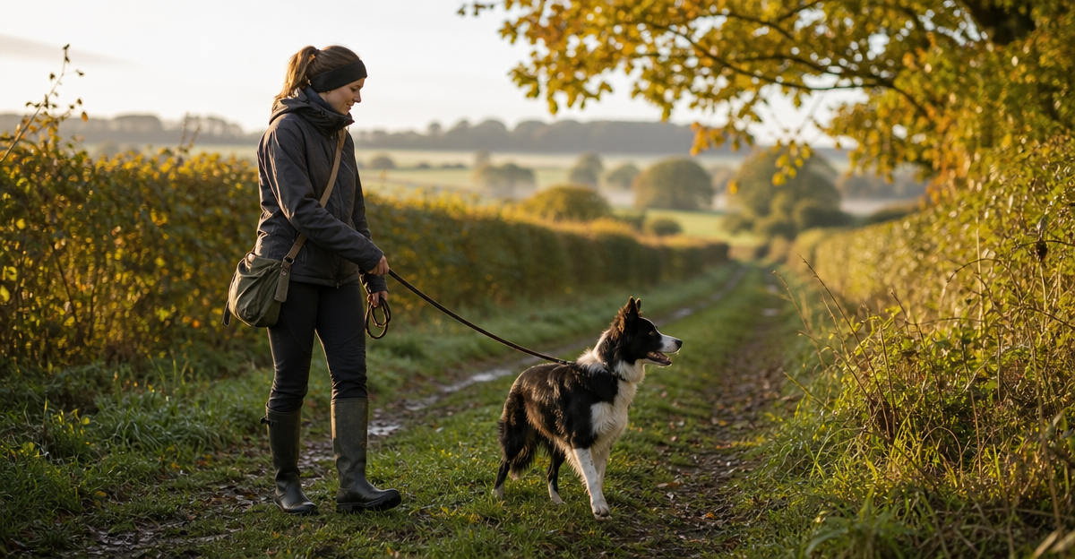 Professional dog walker with Border Collie on UK countryside path