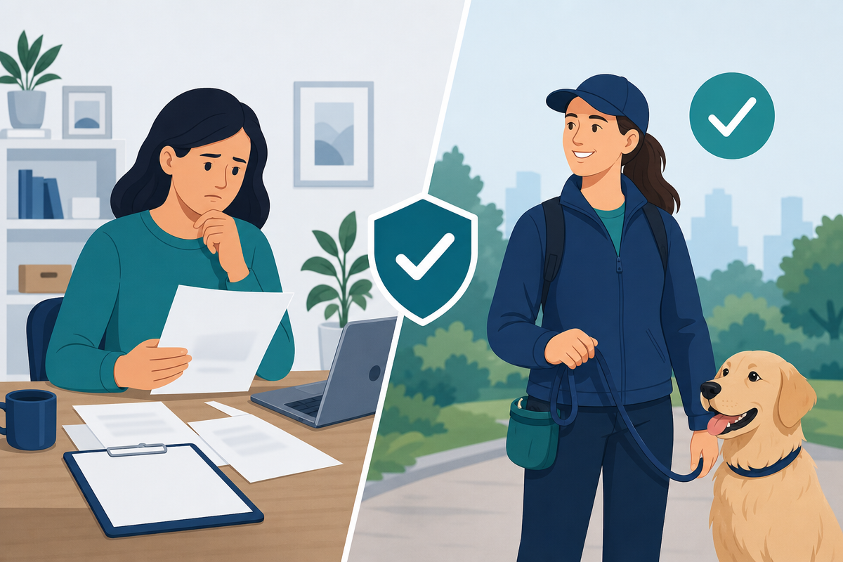 Pet owner verifying dog walker insurance documents and credentials