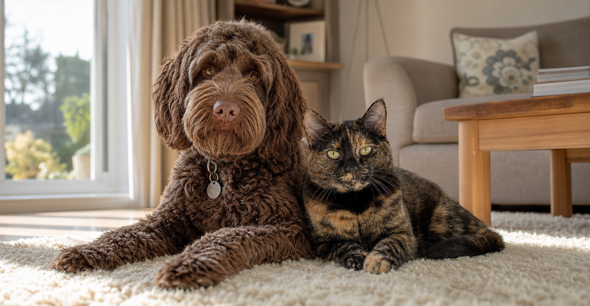 Labradoodle and tortoiseshell cat relaxing together indoors, demonstrating dog-cat compatibility