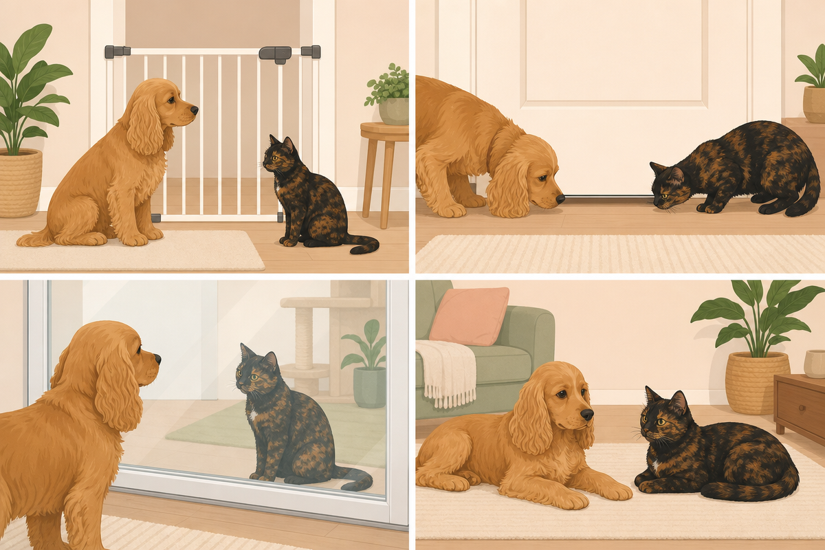 Illustrated guide to safely introducing dogs and cats step by step