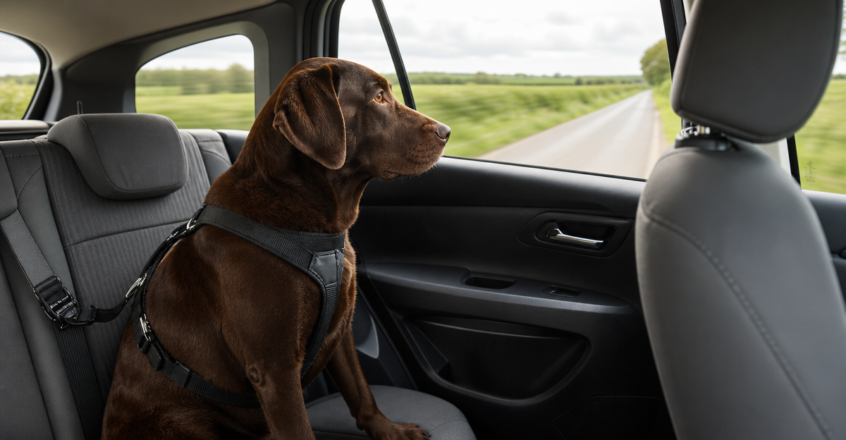 Labrador Retriever safely restrained in car back seat during UK road trip
