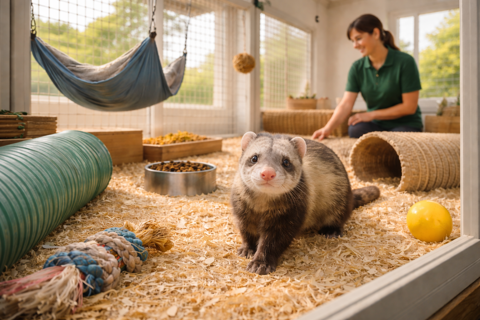 Professional ferret boarding facility UK with enrichment enclosure and trained handler