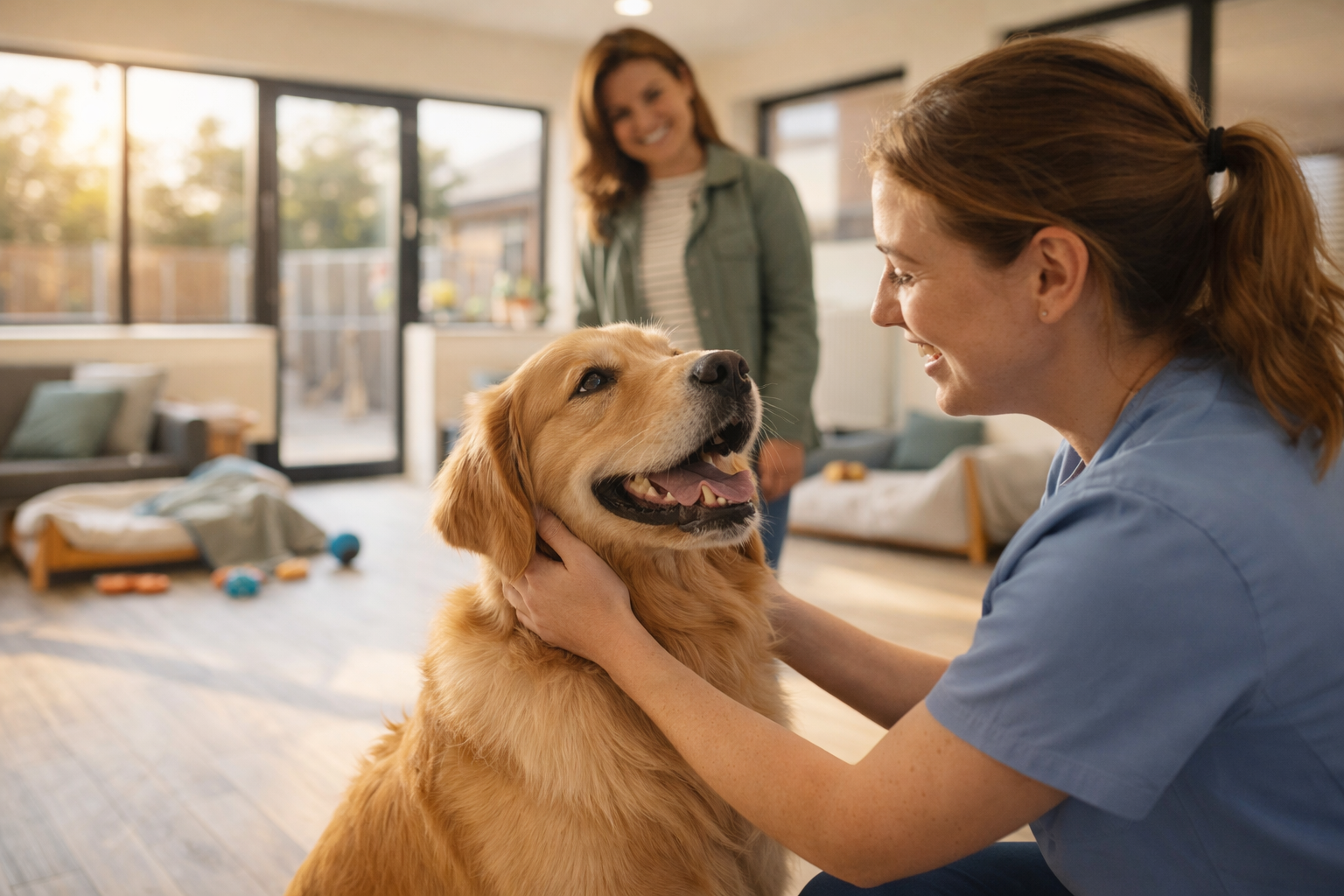 Dog boarding facility in UK with happy Golden Retriever meeting friendly care worker during drop-off