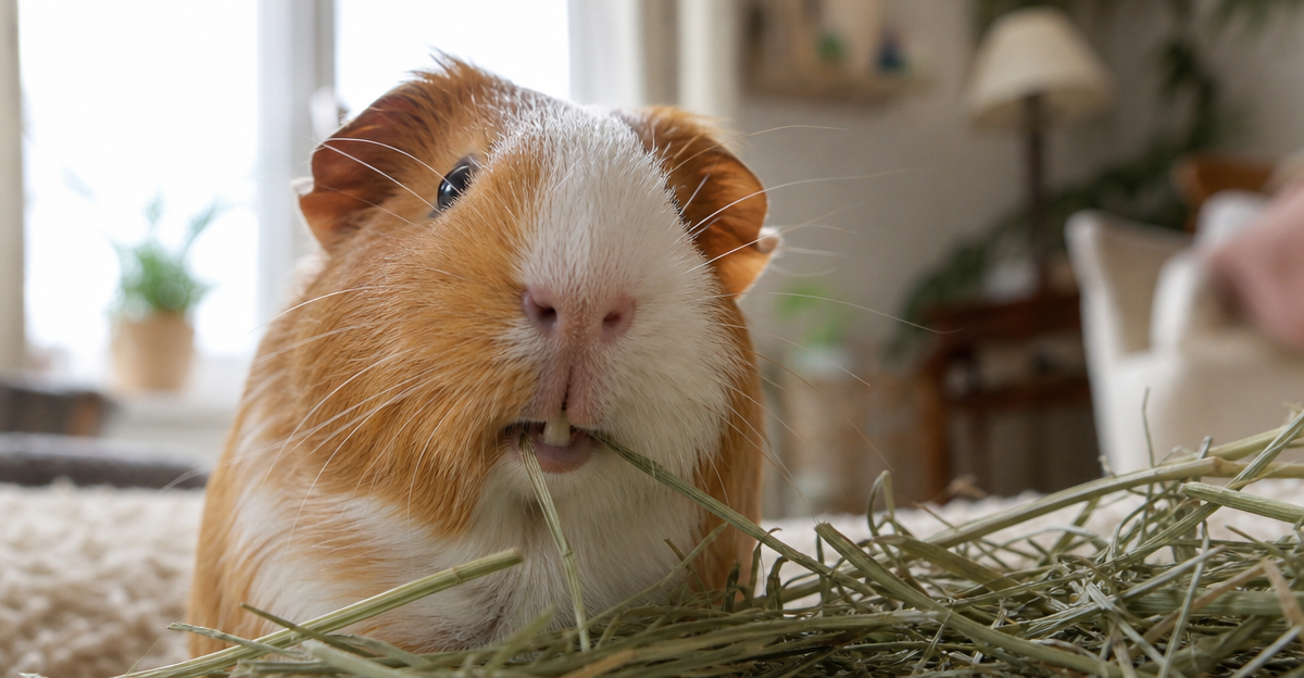 Guinea pig eating hay with healthy visible front teeth in warm indoor light