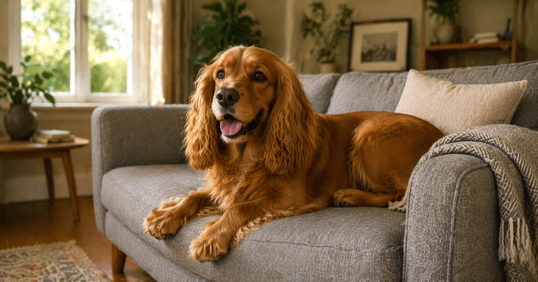 Cocker Spaniel relaxing on a sofa in a cosy home boarding setting