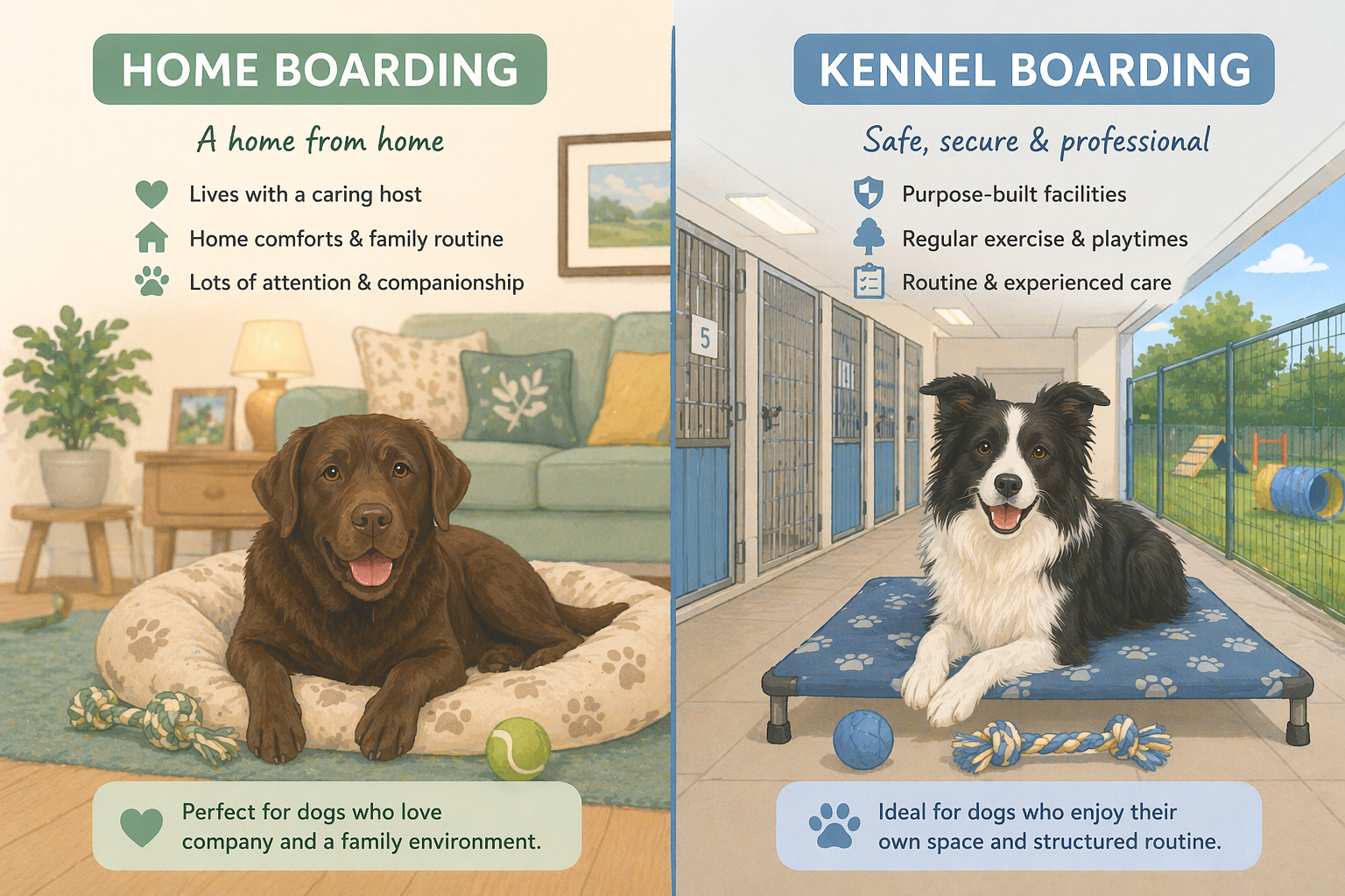 Side-by-side comparison of home boarding and kennel environments for dogs