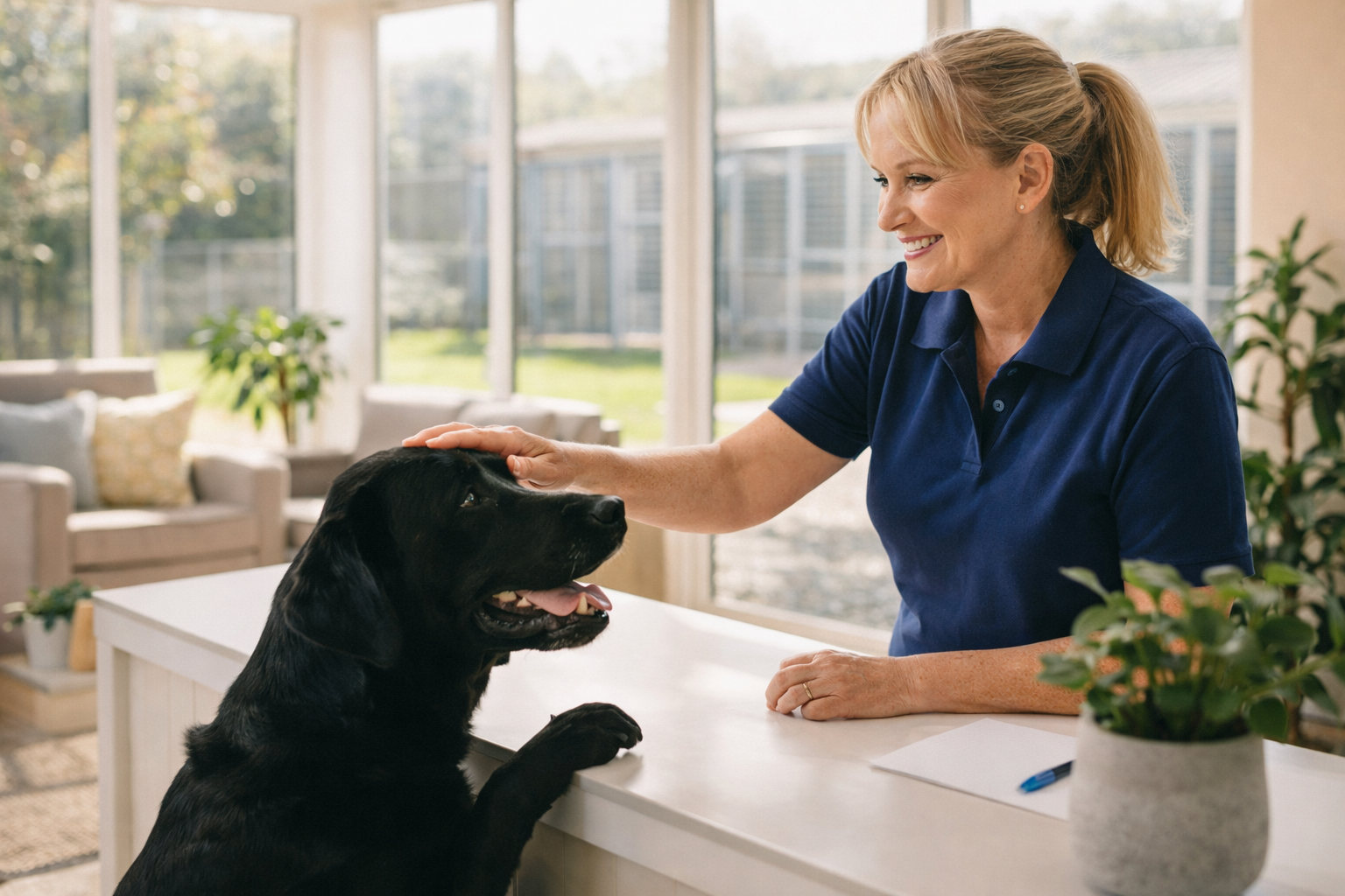 Dog sitter greeting black Labrador at UK home boarding facility entrance