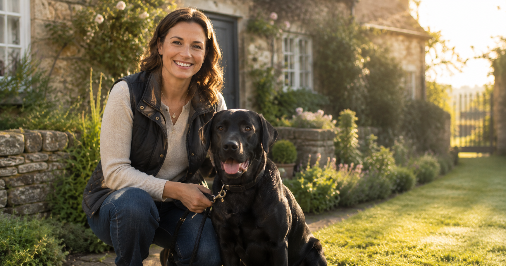 Professional pet sitter with black Labrador in UK garden setting