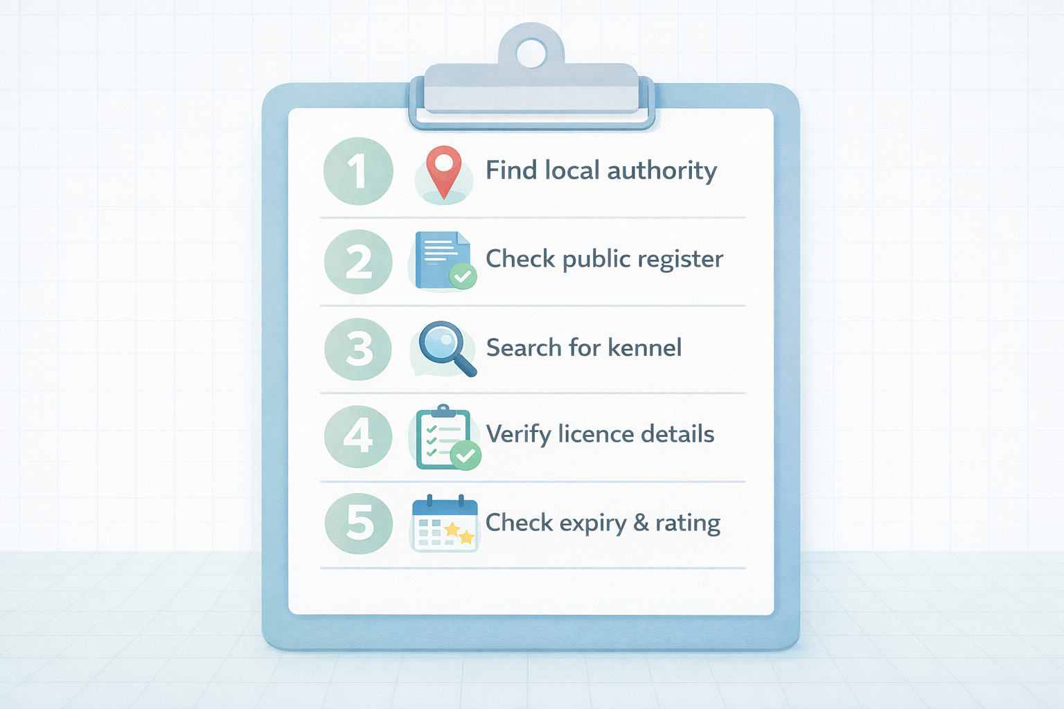 5-step kennel verification checklist with icons for UK pet boarding safety