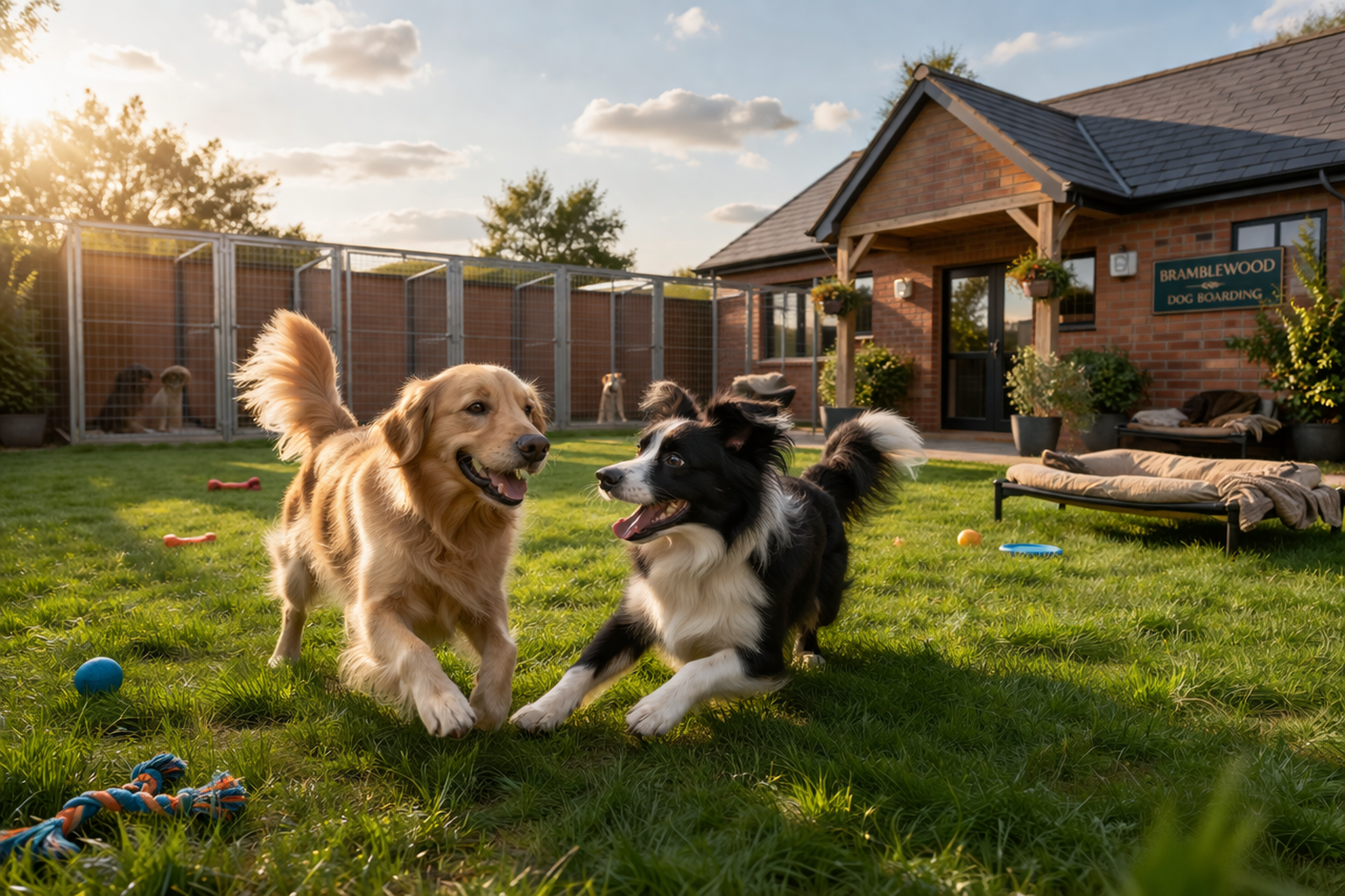 Happy dogs playing in a secure outdoor kennel run at a professional UK dog boarding facility
