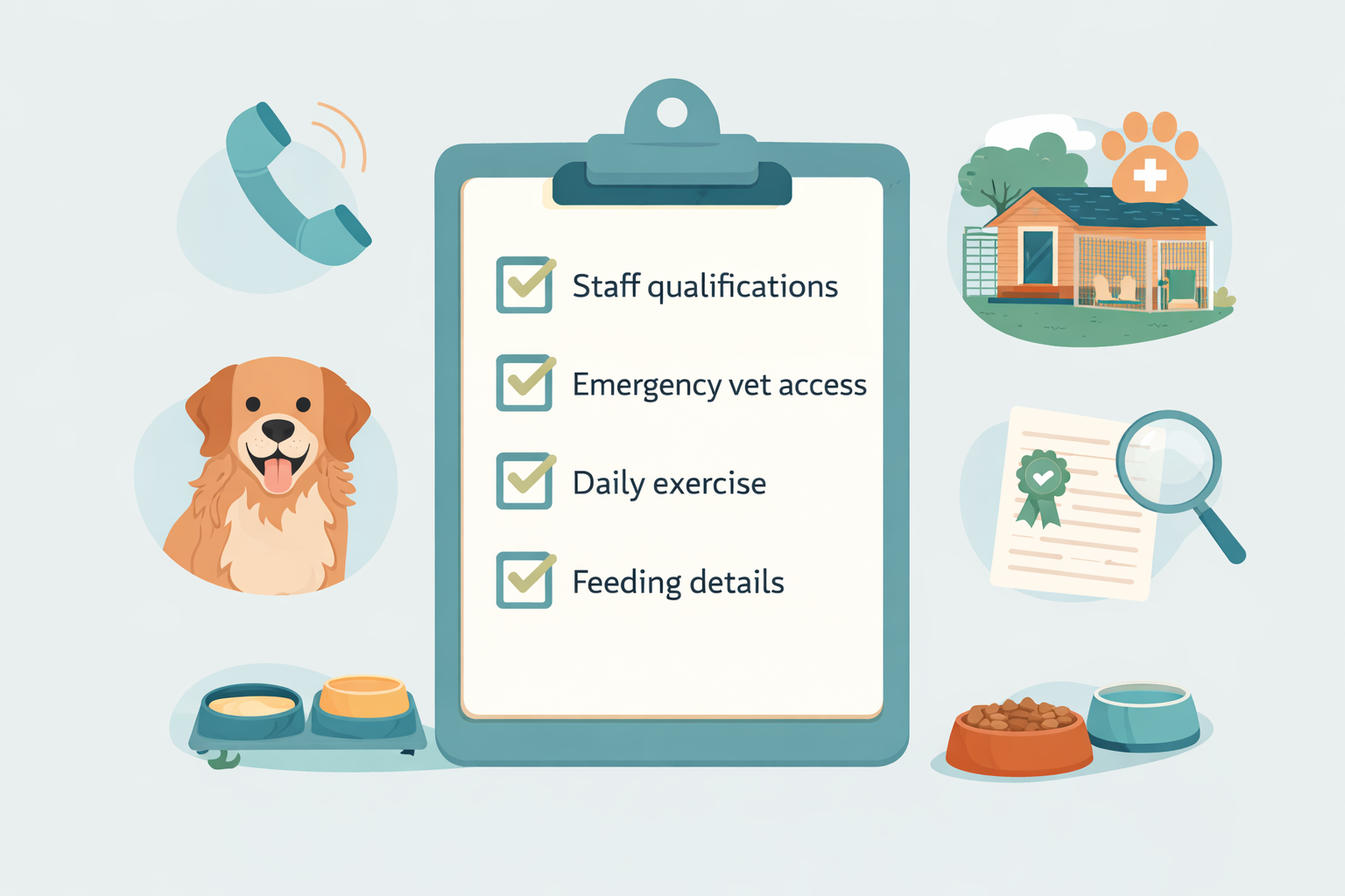 Illustrated checklist of essential questions to ask when visiting a dog boarding kennel