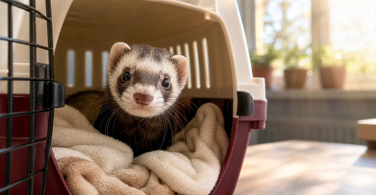 Alert ferret peeking from pet carrier, emphasizing specialized ferret sitting needs