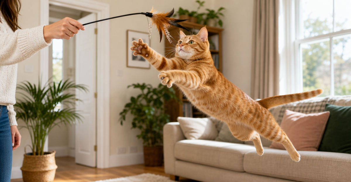 Ginger tabby cat jumping to play with feather toy indoors for exercise