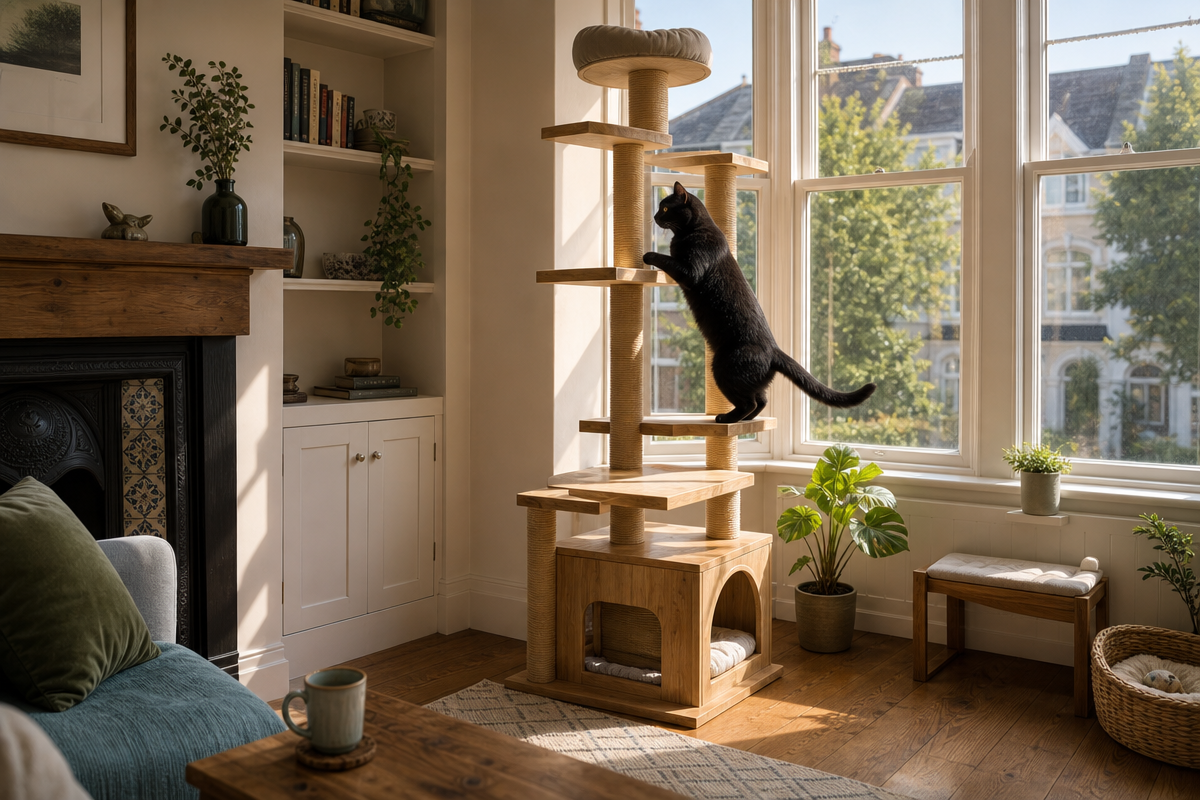 Black cat climbing tall cat tree for indoor vertical exercise and enrichment