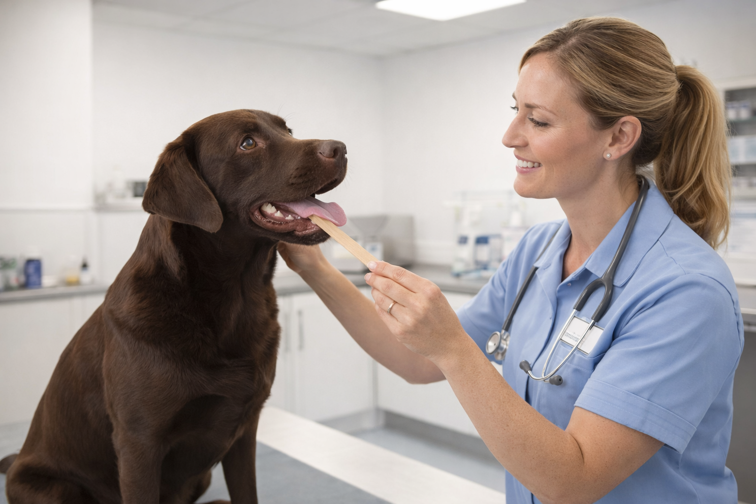 Vet examining chocolate Labrador's throat during kennel cough vaccination check
