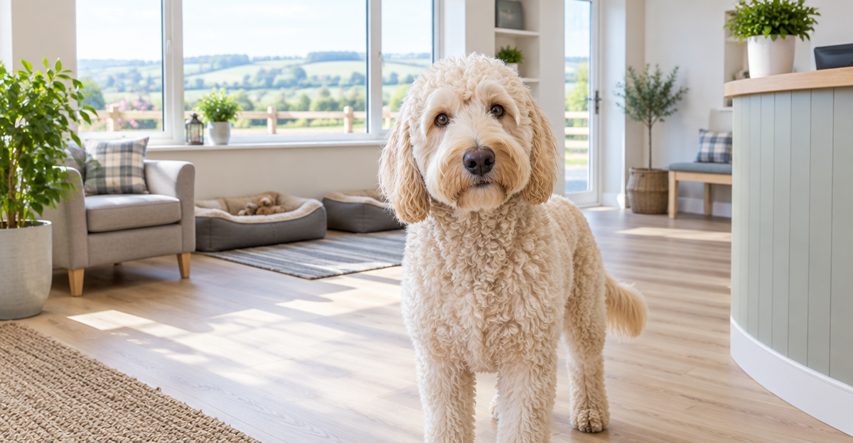 Friendly Labradoodle in a clean UK pet boarding facility reception area with natural light