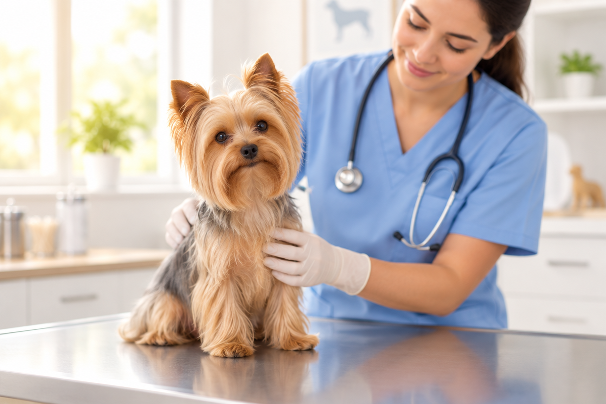 Yorkshire Terrier receiving veterinary health check before kennel cough vaccine