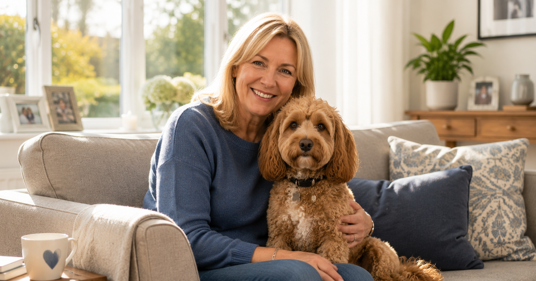 Woman with golden Retriever on sofa during UK live-in dog sitting