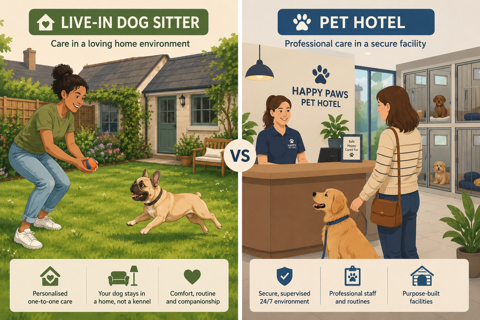 Side-by-side comparison of live-in dog sitter vs pet hotel boarding