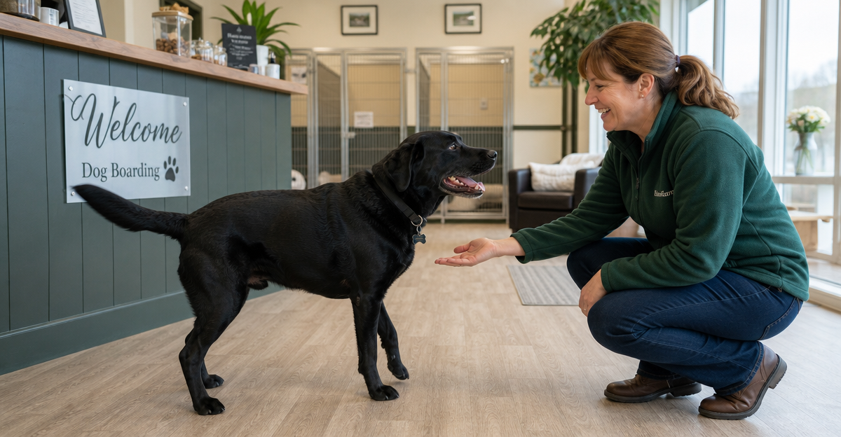 Dog greeting handler at UK boarding facility reception, building trust for long-term stay