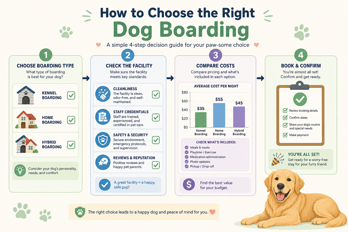 Decision process flowchart for selecting long-term dog boarding options