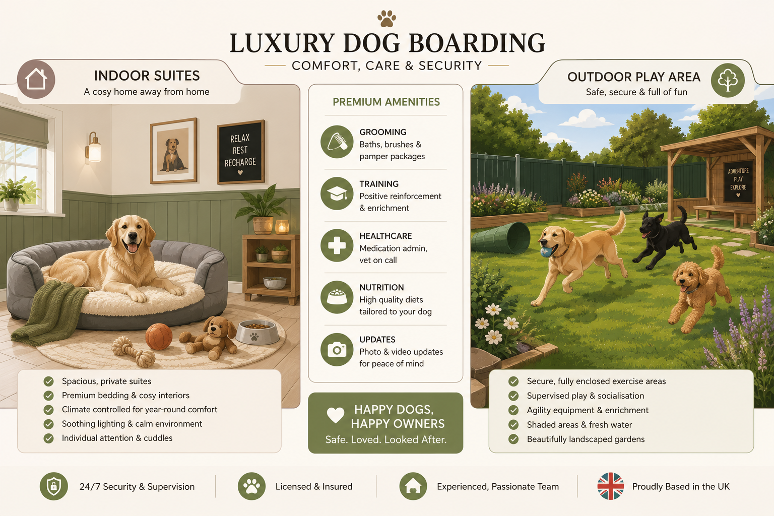Luxury dog boarding facilities comparison: indoor suite and outdoor play area amenities