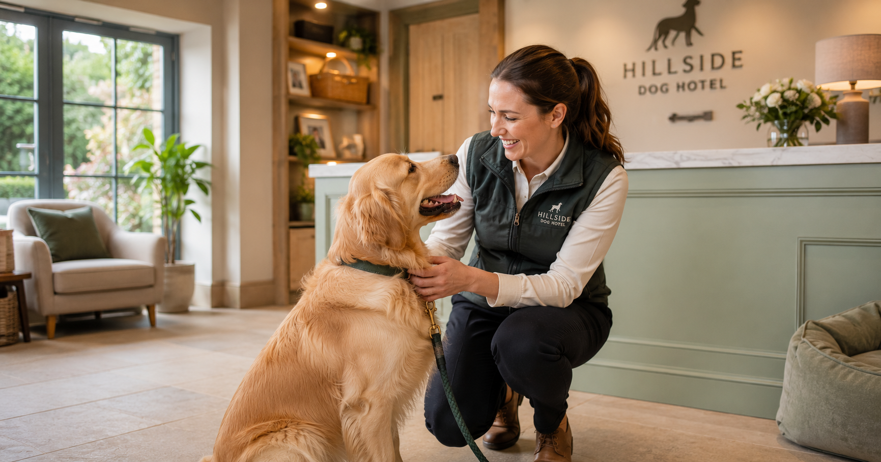 Luxury dog hotel reception with Golden Retriever and professional staff member greeting
