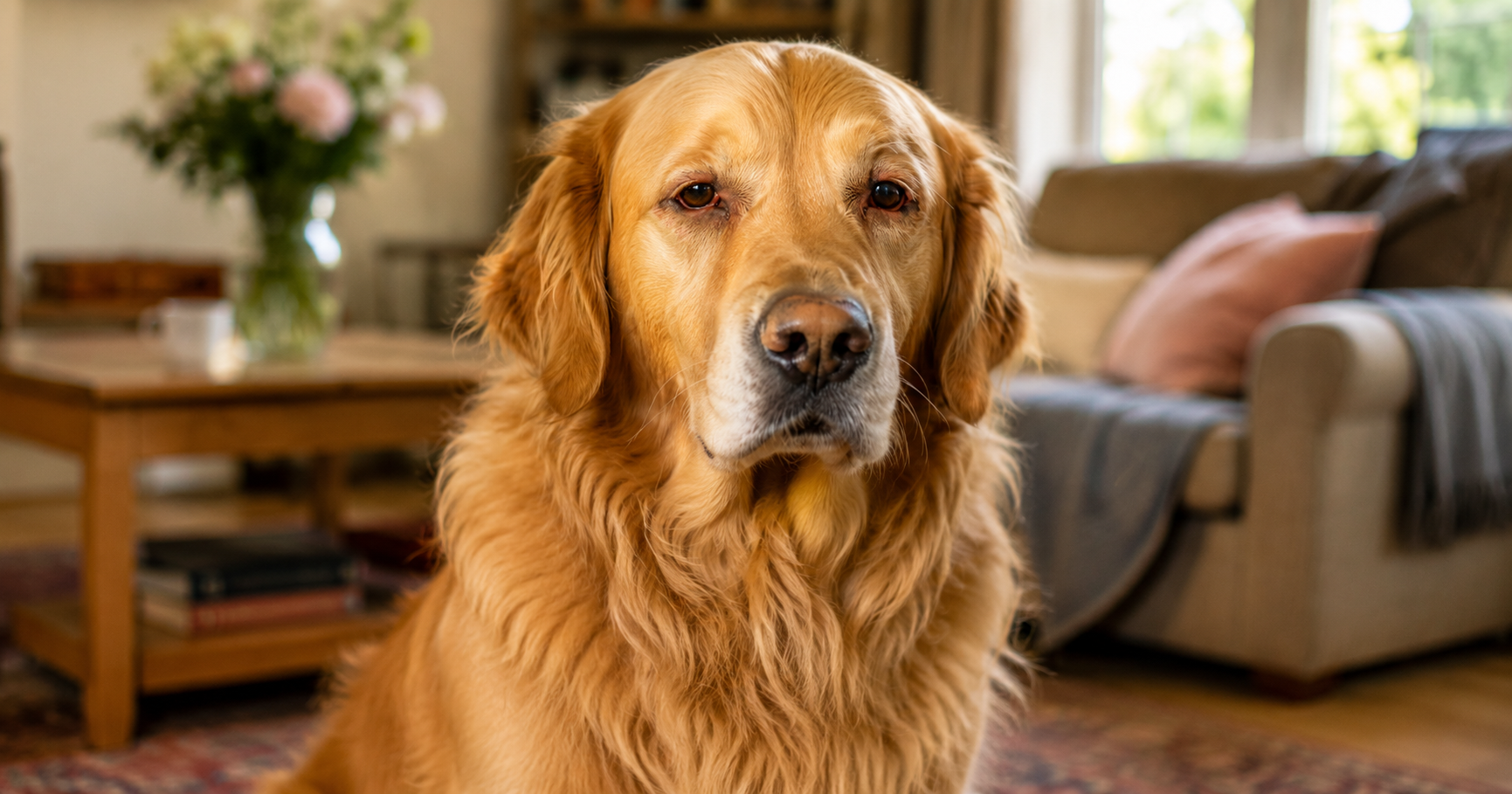 Golden Retriever showing allergy symptoms with red eyes and ear scratching at home