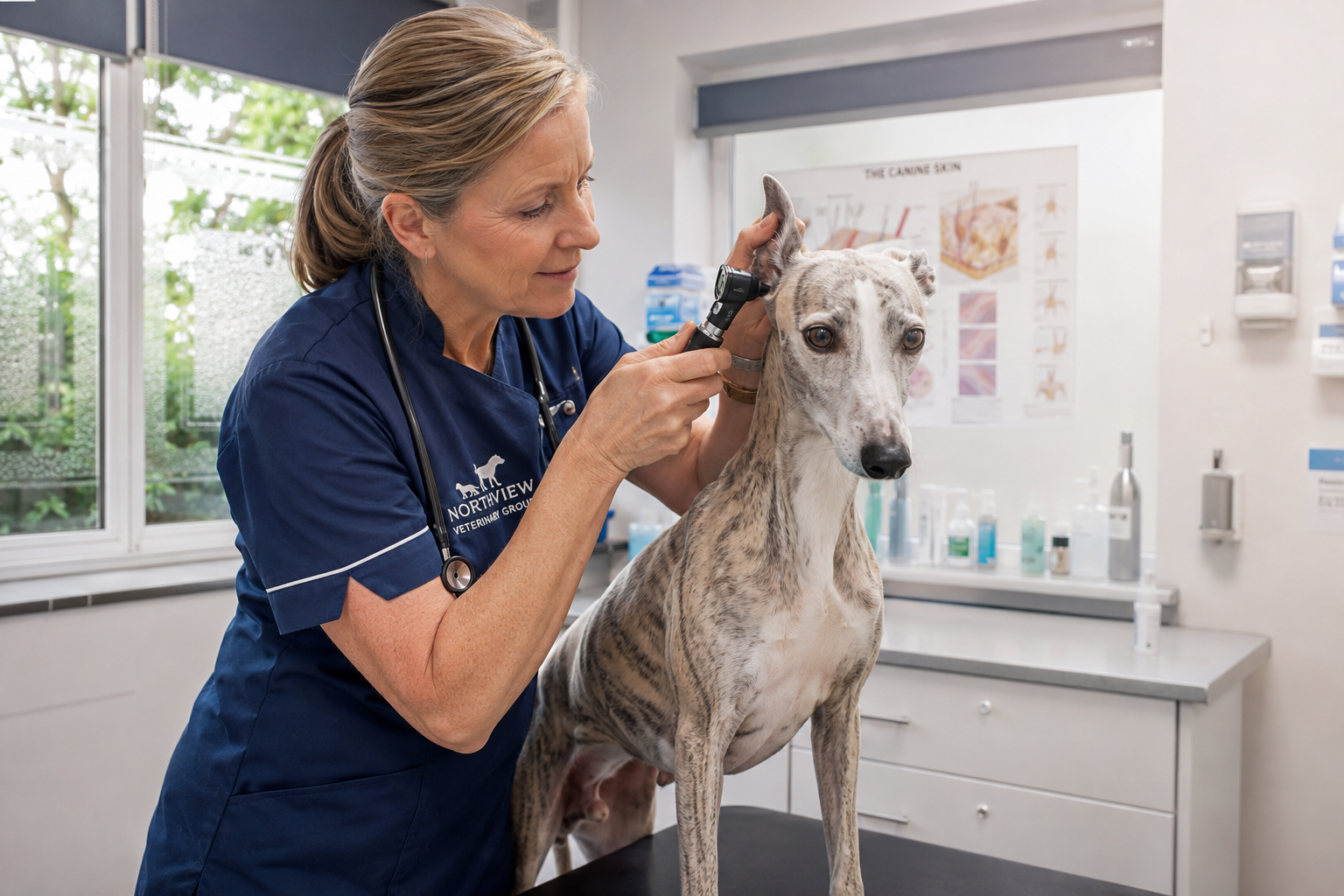 Vet examining Whippet's ears during allergy diagnosis consultation