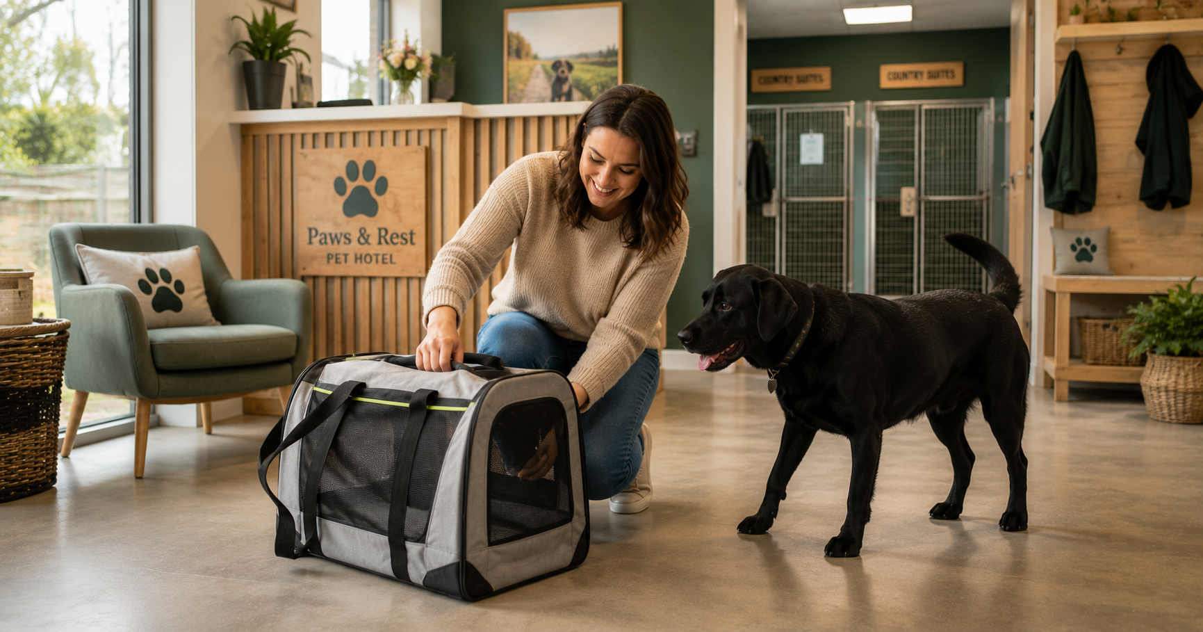 First-time dog owner at a UK pet boarding facility with black Labrador