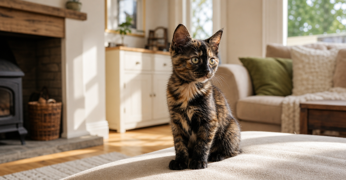 Tortoiseshell kitten in bright UK living room with natural morning light