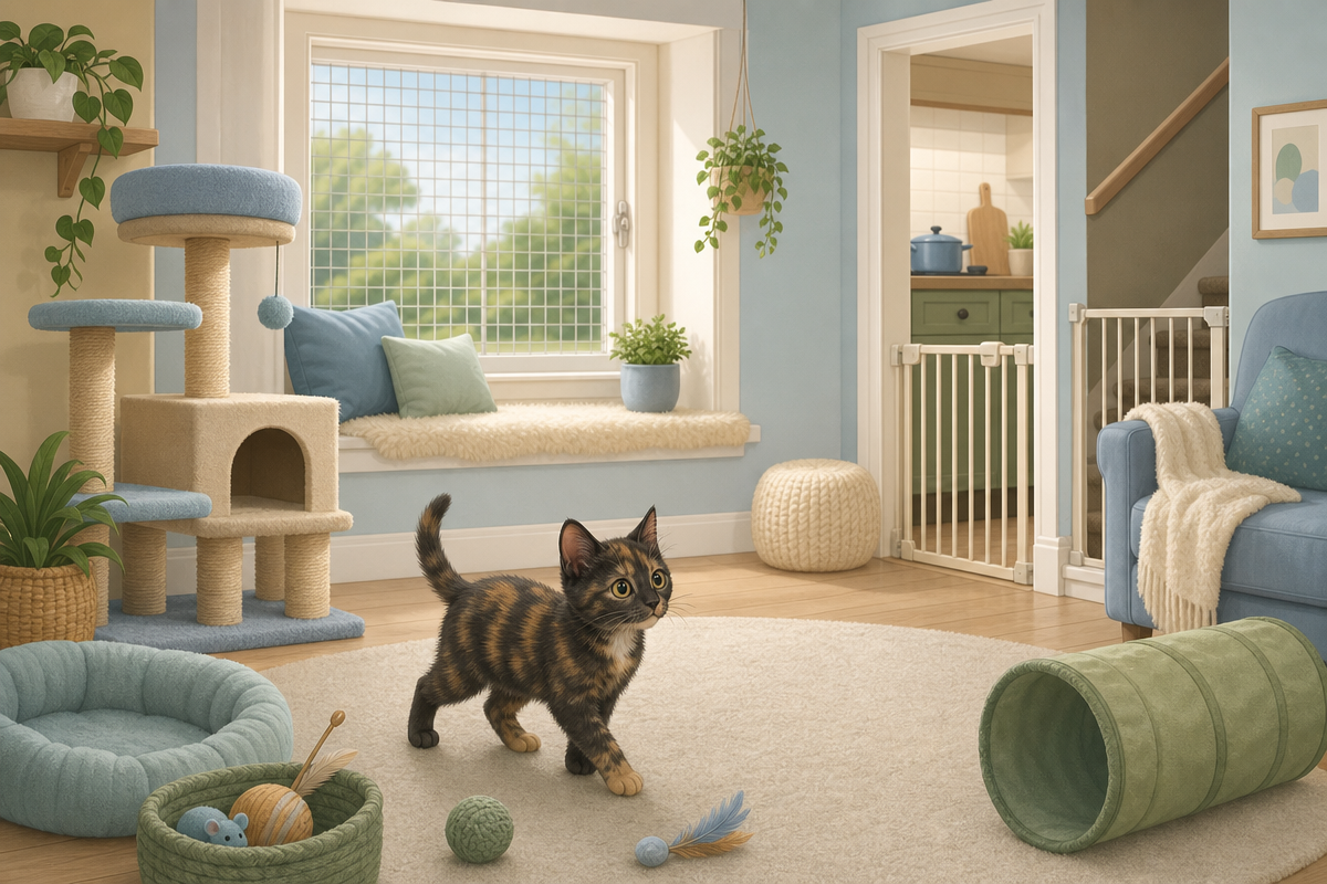 Illustration of kitten-proofed home room with safe play areas and secure furniture