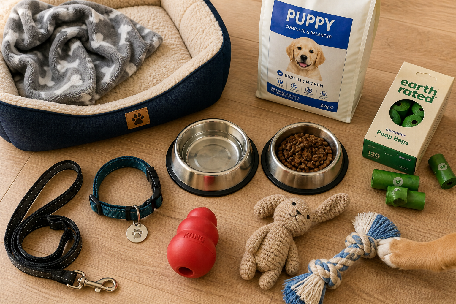 New puppy essentials laid out on a kitchen floor — bed, bowls, toys, lead, and treats