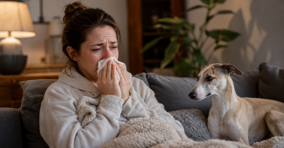 Person experiencing pet allergy symptoms while sitting with a Whippet dog indoors