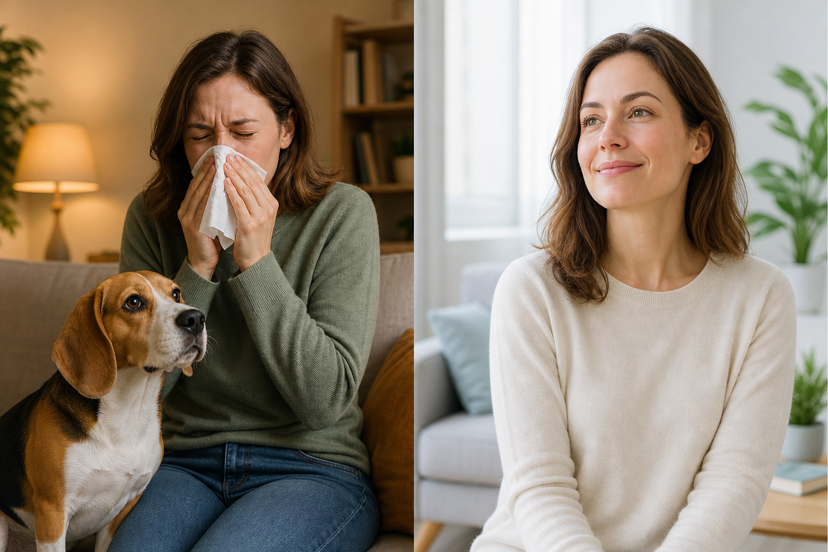 Pet allergy relief comparison: person with and without dog present