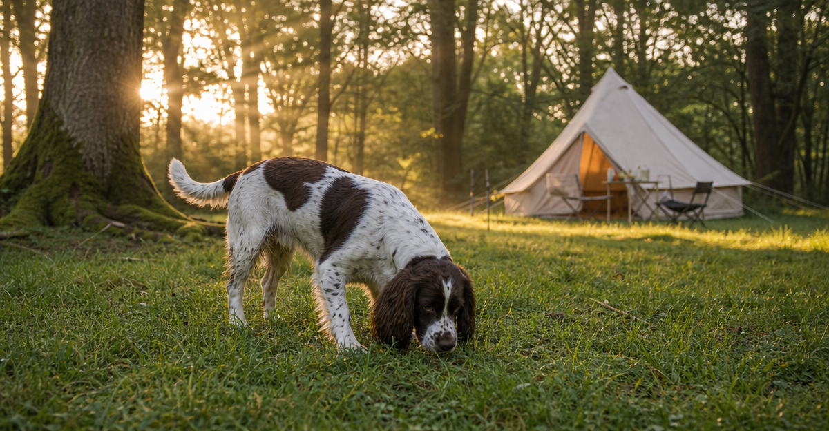 English Springer Spaniel enjoying a peaceful UK campsite surrounded by woodland trees