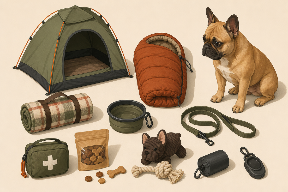 Flat lay illustration of pet camping essentials arranged with a French Bulldog