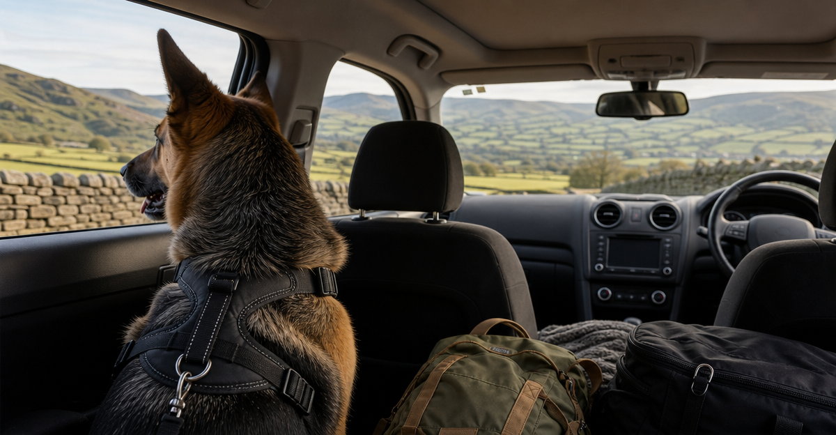 German Shepherd in car during UK pet holiday journey with British countryside views