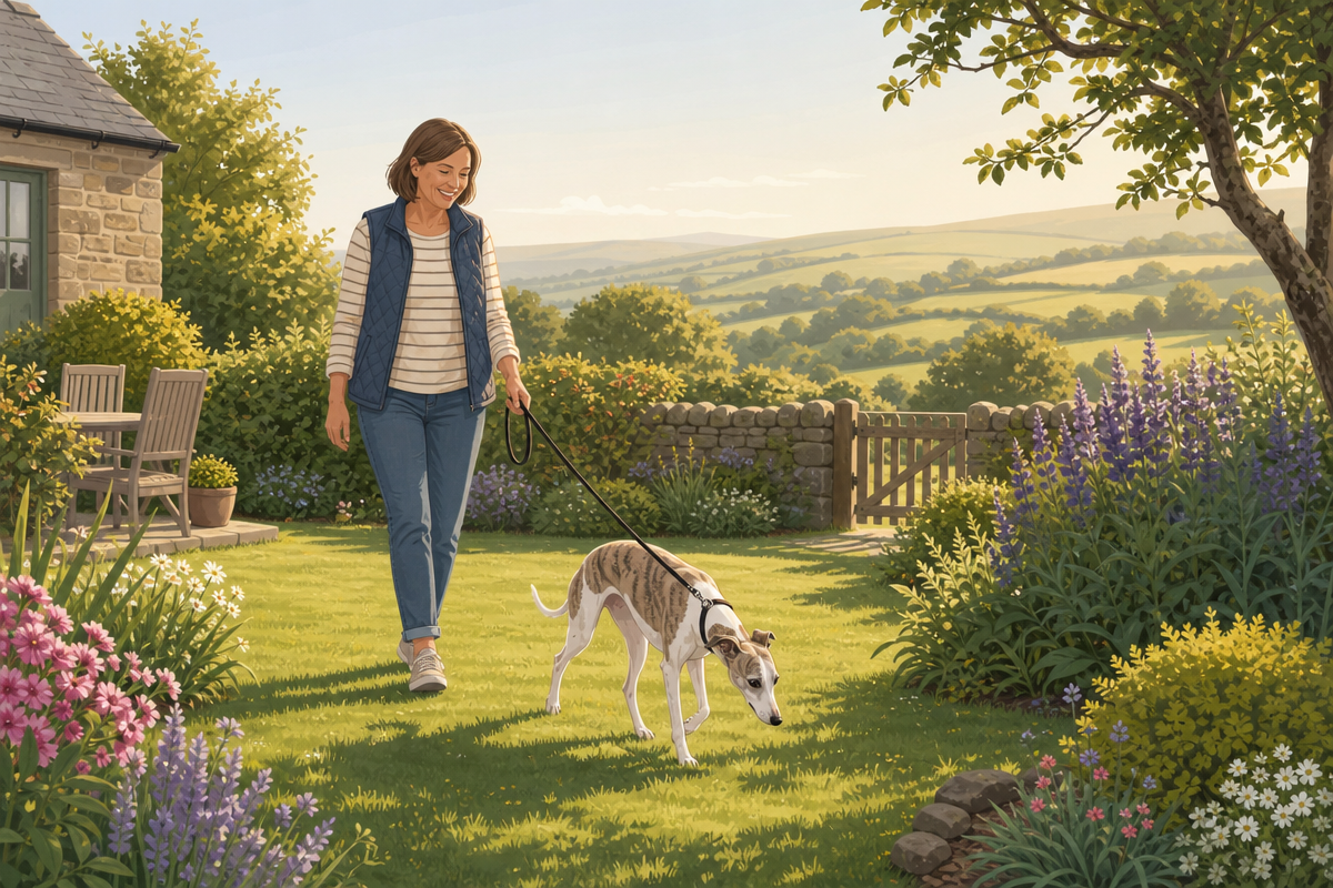 Woman and Whippet exploring pet-friendly garden during UK holiday accommodation