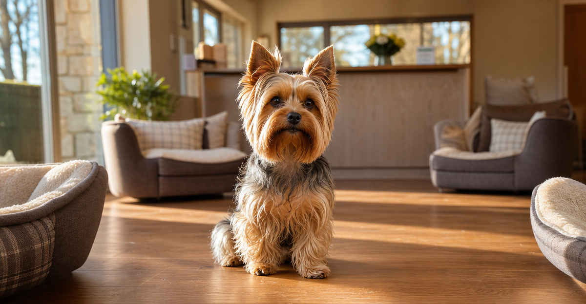Yorkshire Terrier in a welcoming UK pet boarding facility reception area with natural light