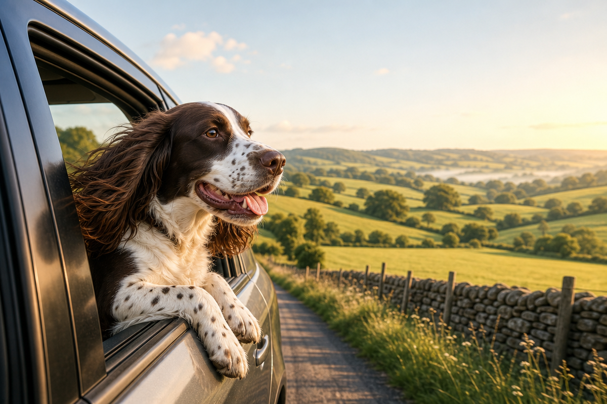 Illustration comparing dog travelling on holiday versus staying at a UK pet hotel