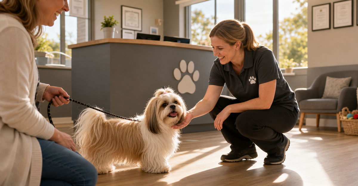Shih Tzu greeting pet care professional at UK pet boarding facility reception