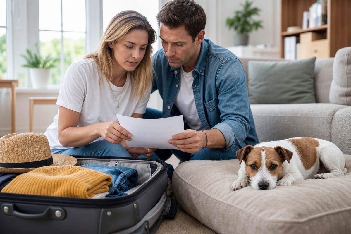Couple planning pet boarding dates while Jack Russell Terrier relaxes nearby